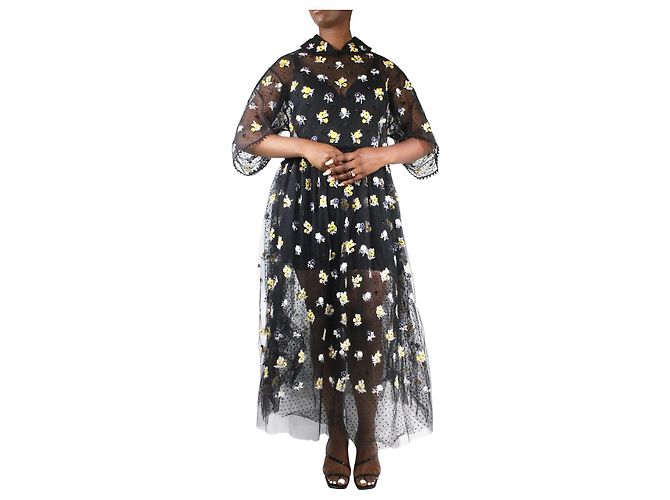 Biyan Schwarzes, mit Blumen besticktes Tüll-Hängerkleid – Größe L