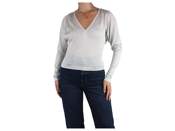 Andrew GN Silbermetallic-Langarmoberteil mit V-Ausschnitt – Größe IT 36