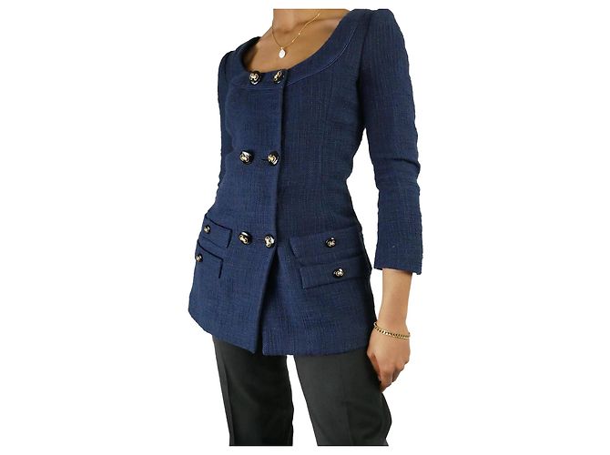 Alessandra Rich Blue embellished button printed lining scoop neck jacket - size IT 42