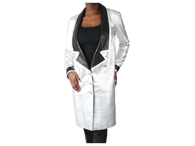 Chanel Silver long-length leather button-up coat with pockets - size FR 40 Lambskin  ref.986469