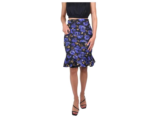 Oscar de la Renta Black floral print pencil skirt - size US 4 Blue Silk  ref.986542