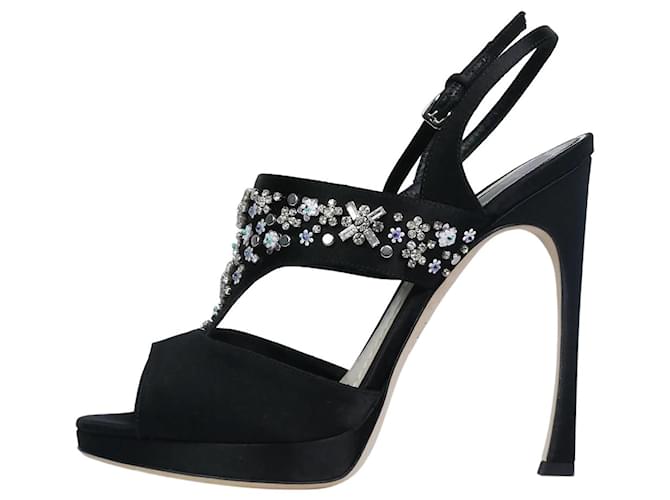 Christian Dior Black satin floral embellished heels - size EU 39 Leather  ref.986759