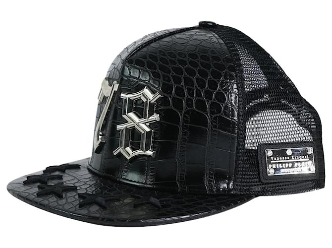 Philipp Plein Black croc skin hat with star embroidery and metal detail Leather  ref.986922