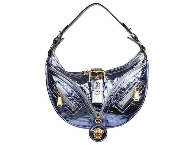 Versace Blue Metallic Repeat small Hobo bag Leather  ref.987054