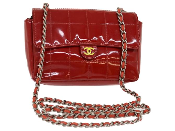 CHANEL Chocolate Bar Small Patent Leather Flap Shoulder Bag Red