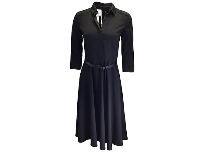 Akris Punto Black Belted Flared Wool Midi Dress ref.987470 - Joli Closet