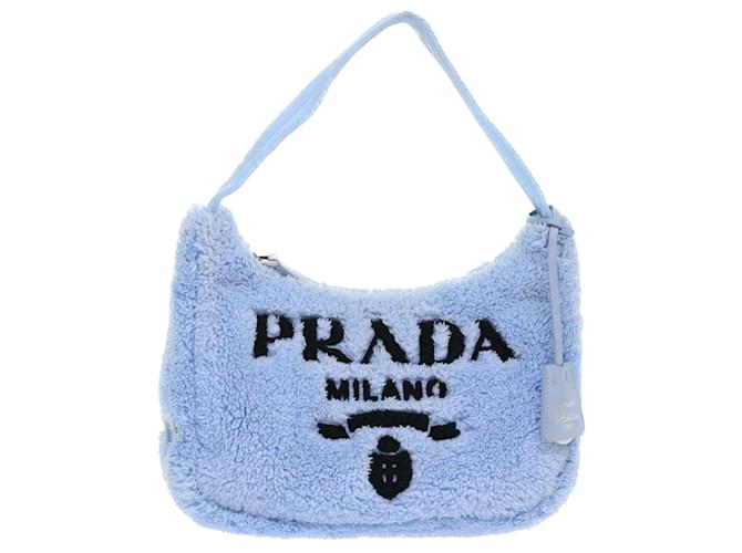 PRADA Terry Hand Bag Fabric Light Blue Black Auth 47378a Fur  ref.988123