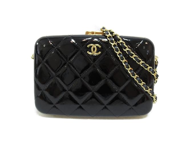 Chanel Quilted Patent Leather Box Clutch on Chain Black Pony-style