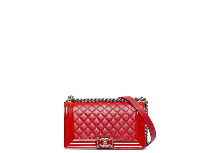 Chanel Medium Boy Flap Chevron Quilted Calfskin Shoulder Bag Red