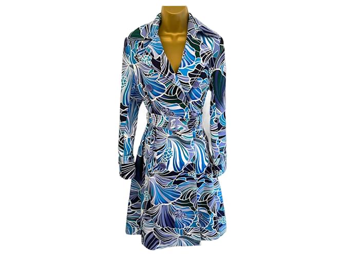Autre Marque Max Mara Womens Blue Floral Wool Belted Trench Coat Size L IT EU 42 UK 14 White  ref.988655