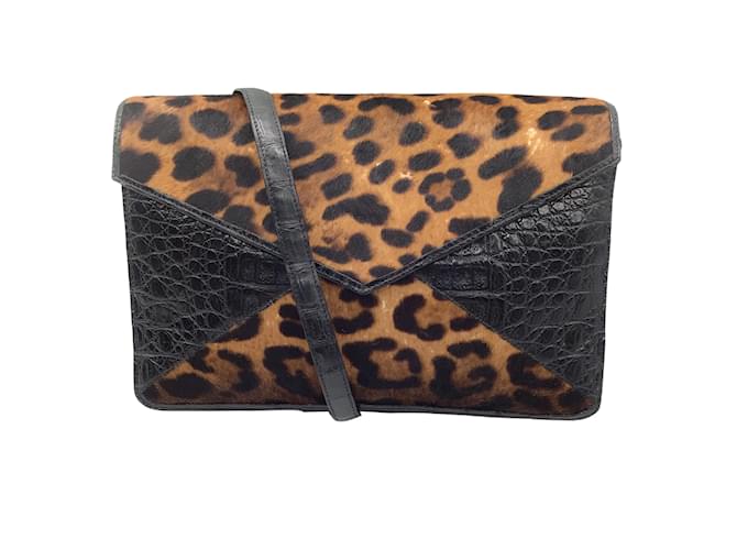 Nancy Gonzalez Black / Brown Leopard Printed Calf Hair and Crocodile Skin Leather Shoulder Bag Exotic leather  ref.988952