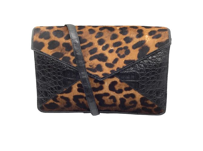 Nancy Gonzalez Nancy González Negro / Bolso bandolera de piel de becerro y piel de cocodrilo con estampado de leopardo marrón
