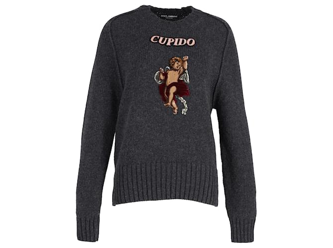 Dolce & Gabbana Cupido Knit Sweater With Patch In Grey Wool  ref.989051