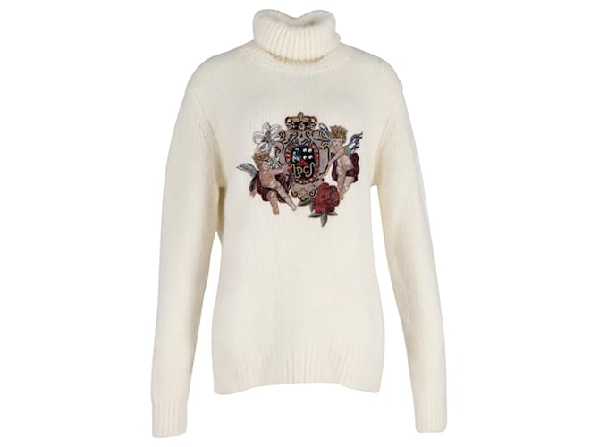 Dolce & Gabbana Embellished Turtleneck Sweater in Ecru Acrylic White Cream  ref.989055