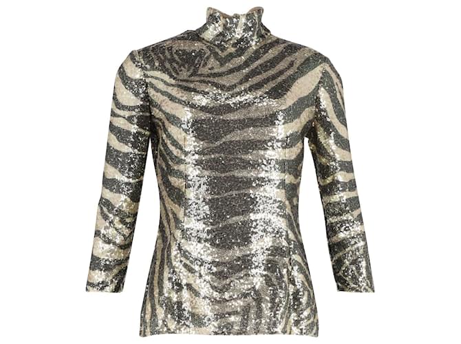 Dolce & Gabbana Top de gola alta com estampa zebra em lantejoulas multicoloridas Dourado Algodão  ref.989081