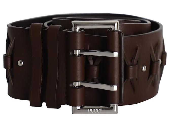 Emilio Pucci Wide Plaited Buckled Belt in Brown Leather  ref.989325