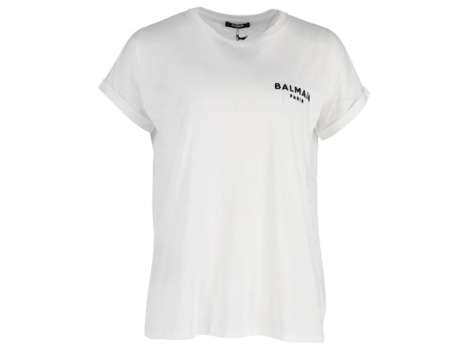 Balmain T-Shirt mit beflocktem Logo aus weißer Baumwolle  ref.989342