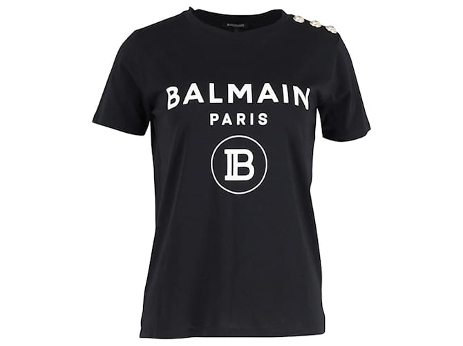 Balmain T-Shirt mit Logo-Print und Knopfverzierung aus schwarzer Baumwolle  ref.989343