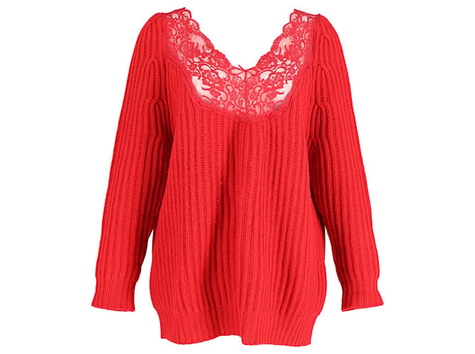Balenciaga Suéter de malha canelada com acabamento em renda e decote em V em lã virgem vermelha Vermelho  ref.989351
