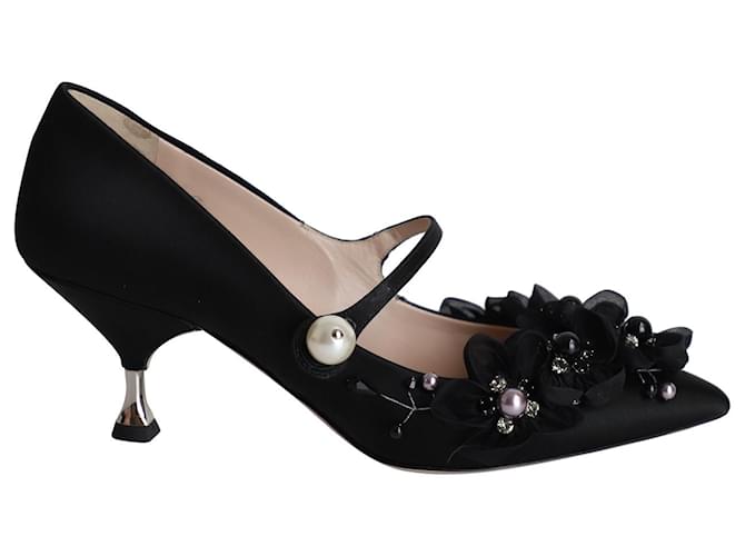Zapatos de tacón Mary Jane con adornos florales de Miu Miu en satén negro  ref.989564