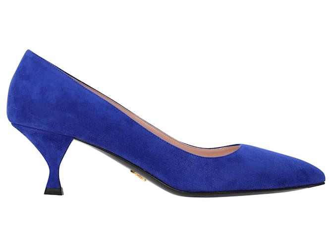 Prada Sapatos de salto gatinho com bico fino em camurça azul Suécia  ref.989660