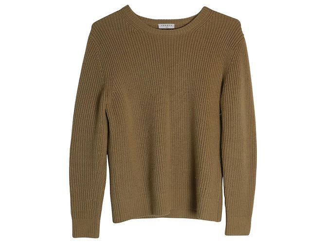 Sandro Paris Rippstrickpullover mit Rundhalsausschnitt aus brauner Wolle
