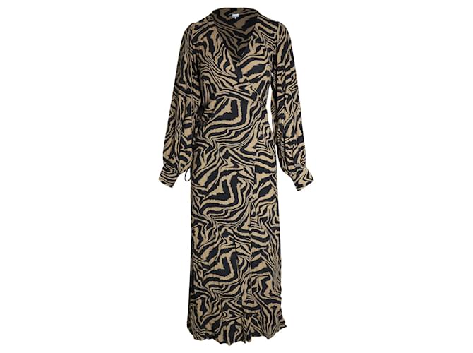 Ganni Zebra Print Midi Wrap Dress in Beige and Black Viscose Cellulose fibre  ref.989919