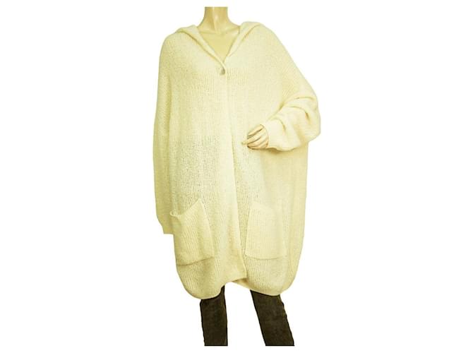 Autre Marque Crossley Ivory 100% Wool Knit Long One Button Cardigan Hooded Jacket size L Cream  ref.990270