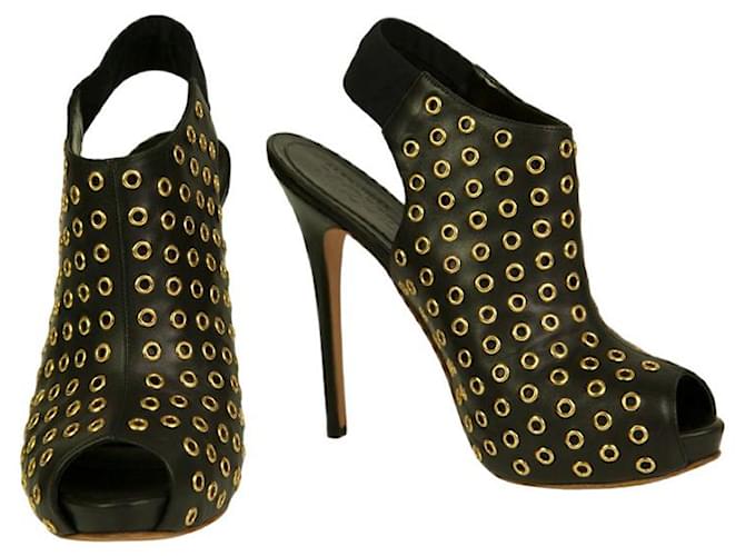 Alexander McQueen Black leather Gold Grommet peep toe ankle boots booties sz 40  ref.990275