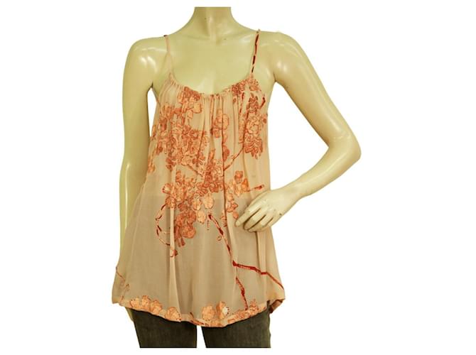Dries Van Noten Peach Silk Floral Embroidery Sleeveless Camisole Blouse Top M  ref.990279