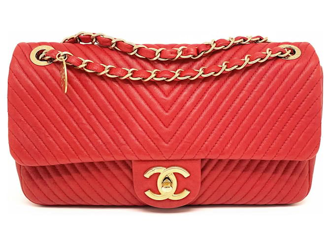 Timeless Chanel Classque Bolsa chevron vermelha atemporal Vermelho Couro  ref.990282