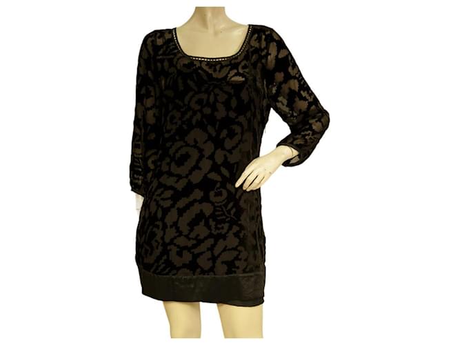 Juicy Couture Black Silky Devore Velour Floral Beaded Mini Dress Size 8 Viscose  ref.990293