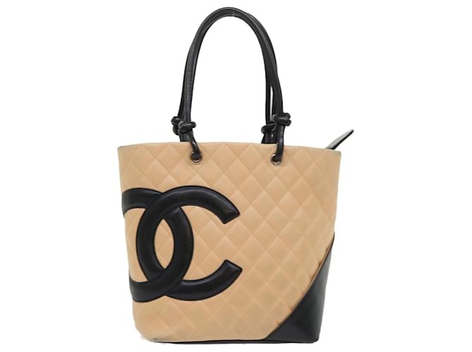 CHANEL Cambon Line Sacola Couro Bege CC Auth am4685  ref.990465