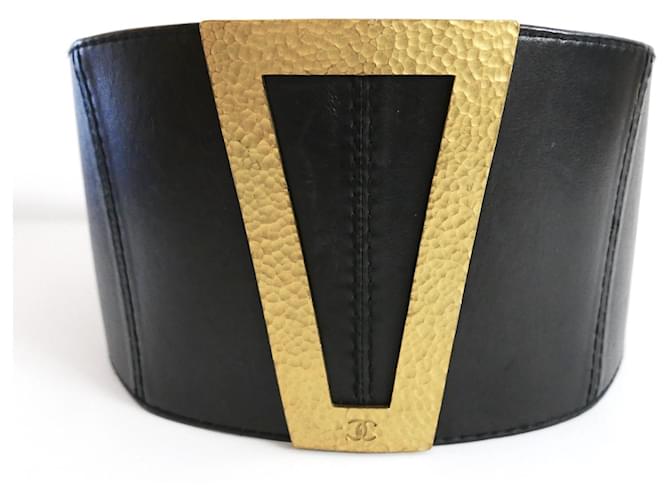 Chanel Vintage Fall 1994  Trapezoid Buckle Leather Corset Belt Black  ref.990624
