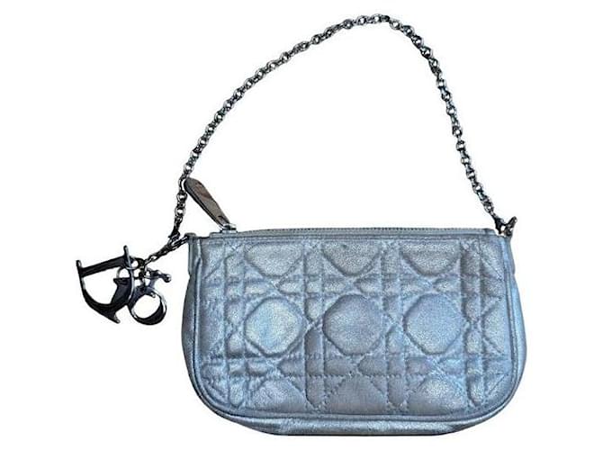 Christian Dior Lady Dior clutch Silvery Leather  ref.990642