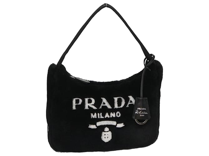 PRADA Terry Hand Bag Fabric Black White Auth 47379a Fur  ref.991165