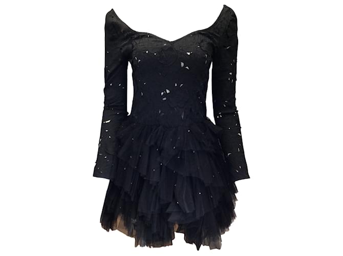 Autre Marque Leo Lin Black Rhinestone Embellished Mesh Tulle Skirt Floral Lace Mini Dress Synthetic  ref.991257