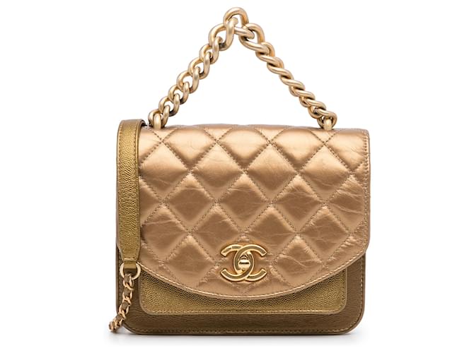 Chanel Gold Mini Chain Handle Flap Golden Leather ref.991317 - Joli Closet