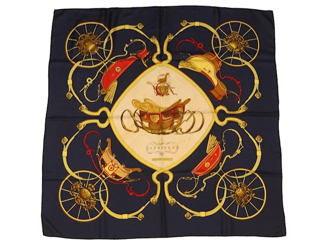 Hermès HERMES CARRE 90 SPRINGS Scarf Silk Navy Yellow Auth bs6680 Navy blue  ref.992330