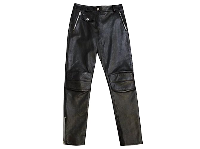 Moschino Alta Costura Negro / Pantalones de cuero con detalle de cremallera plateados  ref.992680