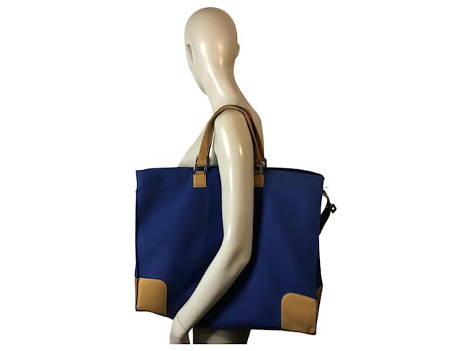 Le Tanneur bi-material bag Blue Camel Leather Cloth  ref.992704