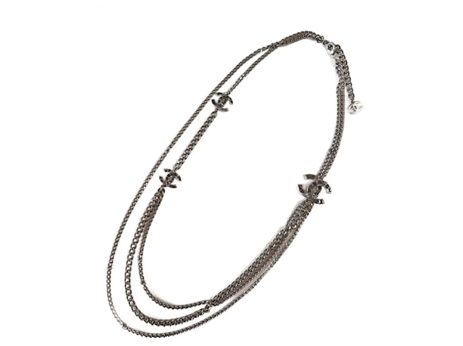 Silver-Toned Chanel Rhinestone CC Necklace Silvery Metal ref
