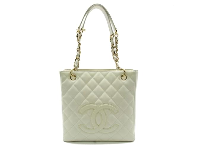 Chanel CC Quilted Caviar Chain Tote Bag White Leather ref.993022