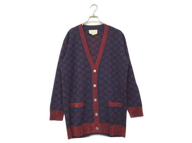 ***GUCCI Interlocking G Lame-Strickjacke Rot Marineblau