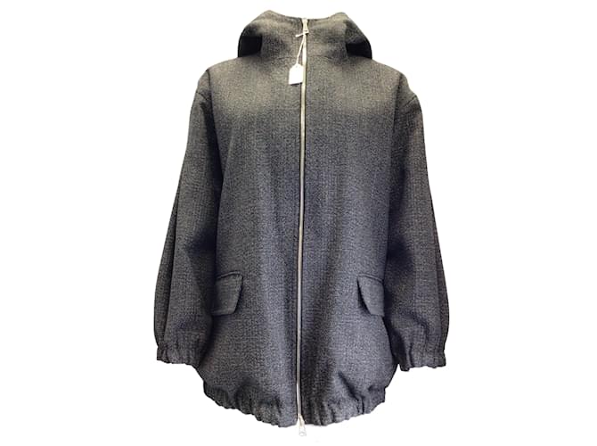 Autre Marque Plan C Black / white / Grey Hooded Full Zip Woven Wool Tweed Padded Coat  ref.993804
