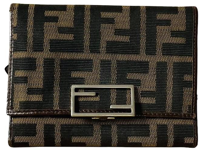 ) Authentic FENDI Zucca Pattern Wallet Purse Canvas Leather