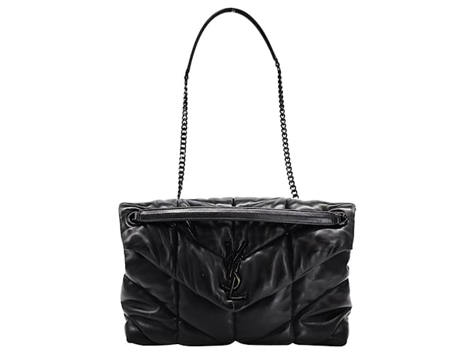 Saint Laurent Medium Loulou Puffer Quilted Chain Bag in Black Calfskin Leather Pony-style calfskin  ref.993981