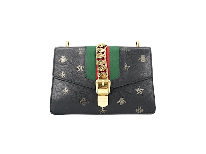 Gucci Small Sylvie Bee Star Leather Shoulder Bag 524405 Black Pony-style calfskin  ref.994369