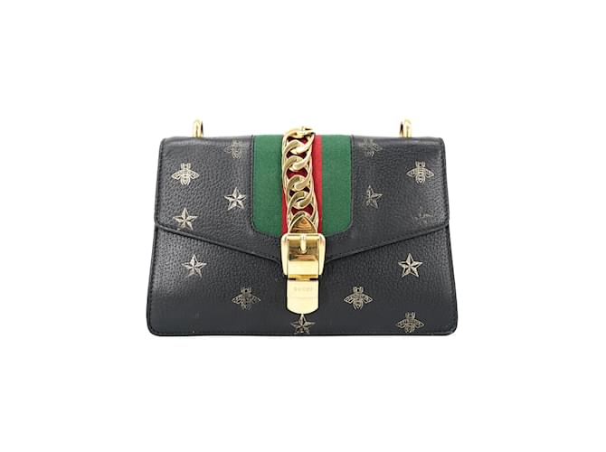 Gucci Petit sac à bandoulière en cuir Sylvie Bee Star 524405 Veau façon poulain Noir  ref.994369