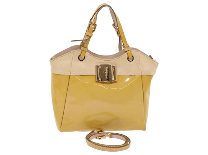 Salvatore Ferragamo Hand Bag Enamel 2way Beige Auth 48095